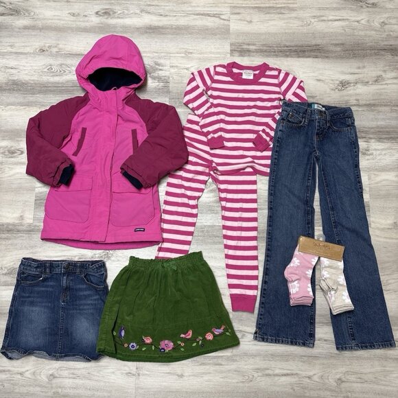 Clothes Lot Girls Sz 6-7-8 6pc Denim Coat Skirts Pajamas Fall Back to School